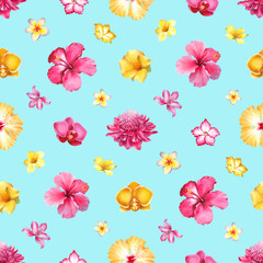 Watercolor background with illustrations of tropical flowers. Seamless pattern design