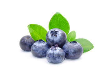 Blueberry : fresh blueberries with green leaves isolated on white background.
