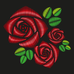 Embroidered floral applique. Bouquet of red roses on black background.  Vector illustration.