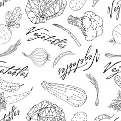 Seamless vector monochrome pattern of elements with hand drawn color vegetables on a white background.