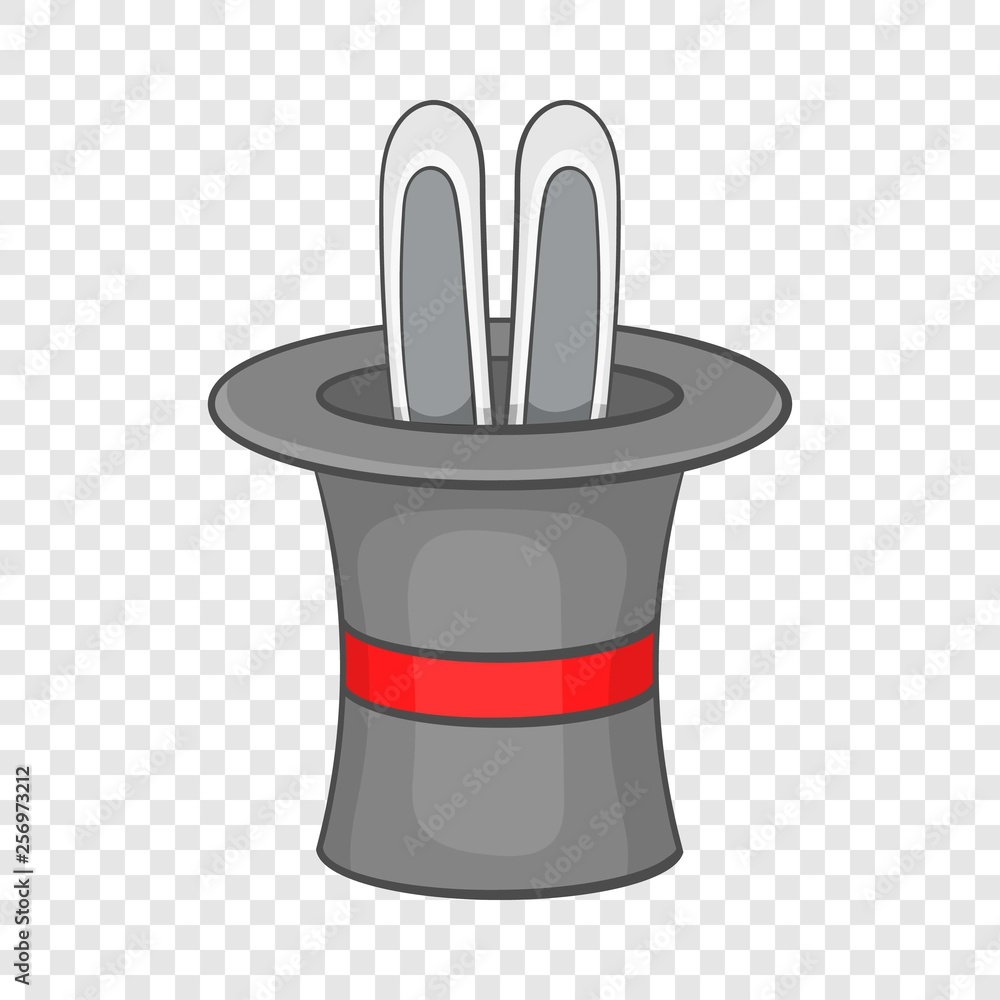 Poster rabbit ears appearing from a top magic hat icon in cartoon style on a background for any web design