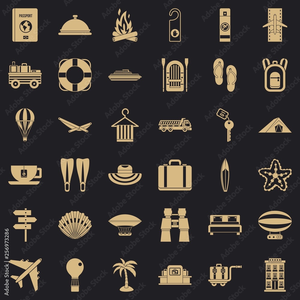 Aufkleber travel in summer icons set. simple style of 36 travel in summer vector icons for web for any design
