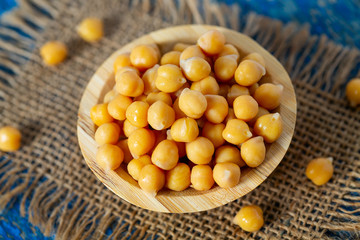 chickpea on blue wooden surface