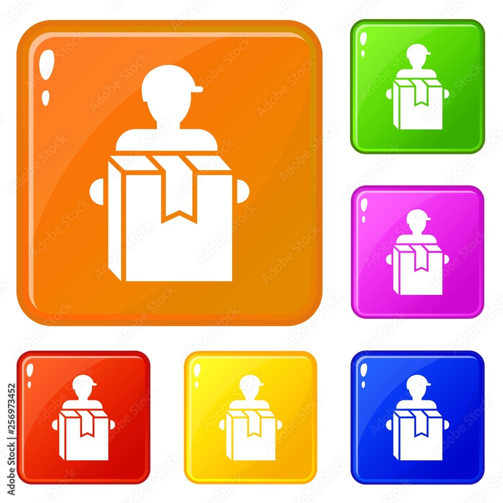 Poster man home delivery box icons set collection vector 6 color isolated on white background