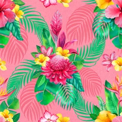 Plexiglas foto achterwand Watercolor background with illustrations of tropical flowers. Seamless pattern design © Aleksandra Smirnova