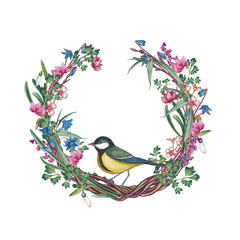 Wreath with bird on a branch.