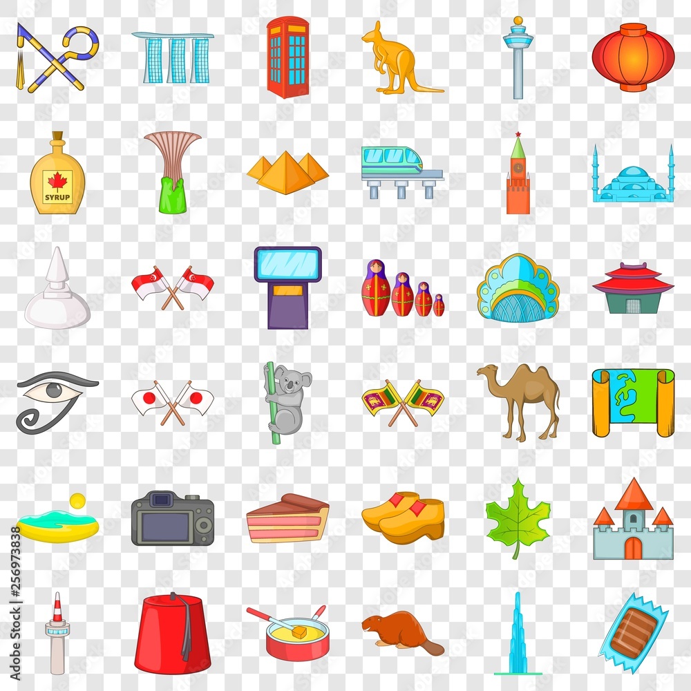 Poster landmark icons set. cartoon style of 36 landmark vector icons for web for any design