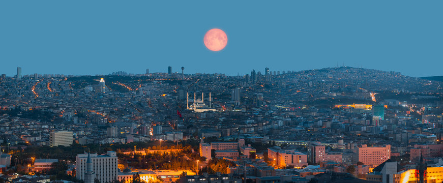Ankara, Capital city of Turkey at twilight blue hour with full moon "Elements of this Image Furnished by NASA" 