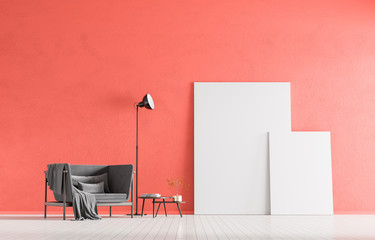 Mock up poster frames in scandinavian style interior with arcmhair. Minimalist interior design. 3D illustration.