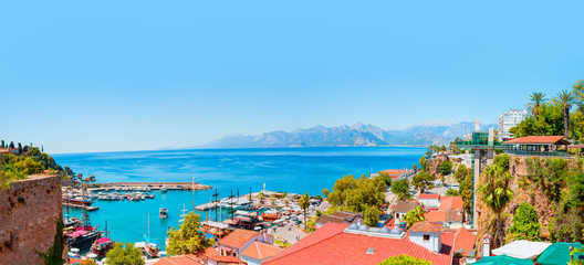 Old town (Kaleici) in the background Konyaalti beach and mountains - Antalya, Turkey