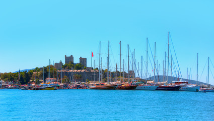 Fototapeta na wymiar Panoramic view of Saint Peter Castle (Bodrum castle) and marina - Bodrum, Turkey