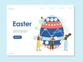 Naklejka premium Easter landing page web site template with cartoon characters. Happy family paint easter egg. Vector illustration. Holiday celebration