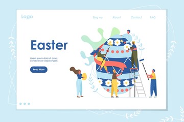 Easter landing page web site template with cartoon characters. Happy family paint easter egg. Vector illustration. Holiday celebration