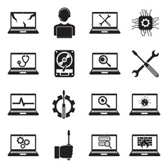  Computer Repair Icons. Black Flat Design. Vector Illustration.