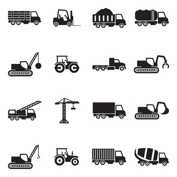 Construction Transport Icons. Black Flat Design. Vector Illustration.
