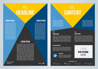 Vector flyer, corporate business, annual report, brochure design and cover presentation with blue and yellow triangle.