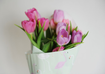 Delicate flowers tulips bouquet on a white background. Flamingo wrapping paper