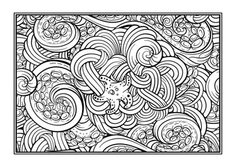 Adult coloring page with undersea world. Vector sea creatures doodles.