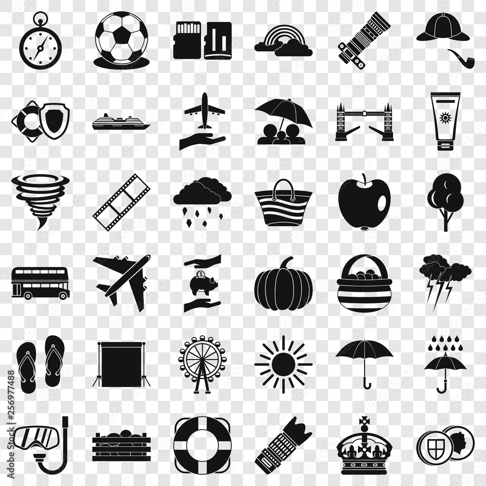 Poster autumn umbrella icons set. simple style of 36 autumn umbrella vector icons for web for any design