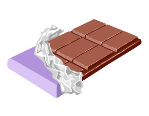 Chocolate bar isolated on white background. Sweet candy in open purple wrap and foil. Vector illustration of cocoa dessert in cartoon simple flat style.