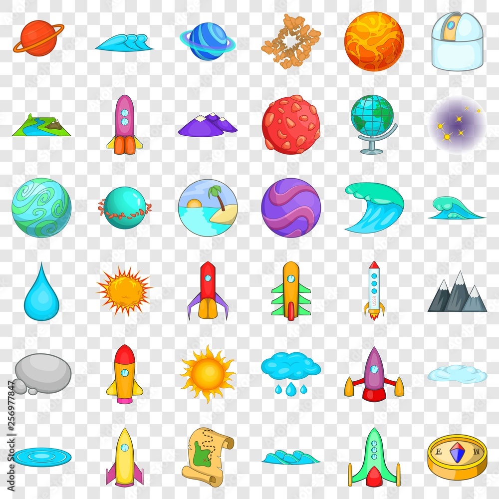 Poster universe icons set. cartoon style of 36 universe vector icons for web for any design
