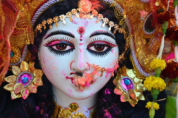 Close-up of a figurine of Goddess Saraswati , Hindu goddess 