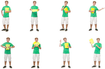 Young student with notes isolated on white