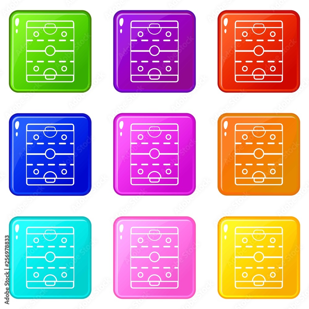 Poster hockey ice field icons set 9 color collection isolated on white for any design