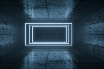 3d rendering, glowing magic lines in anbanoned room, dark background