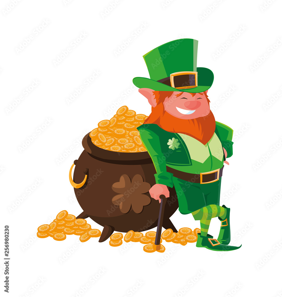 Sticker saint patrick lemprechaun with treasure cauldron