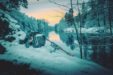 Fishing gear on the bank of a winter river