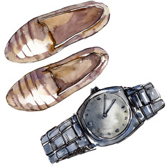 Loafers and watch sketch glamour illustration in a watercolor style isolated element. Watercolour background set.