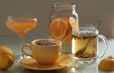 Still life with herbal tea and lemon