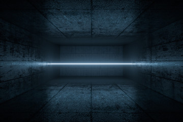 3d rendering, glowing magic lines in anbanoned room, dark background