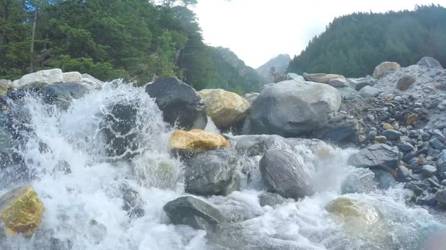 Beauty of the creek in forest,small water fall flowing through the rocks in Himalayas