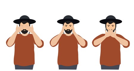 Man covering eyes, ears and mouth with hands as looking like the three wise monkeys. Don't see, don't hear and don't speak concept illustration in vector cartoon style.