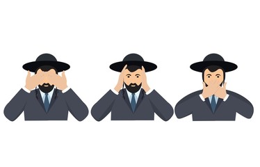 Man covering eyes, ears and mouth with hands as looking like the three wise monkeys. Don't see, don't hear and don't speak concept illustration in vector cartoon style.