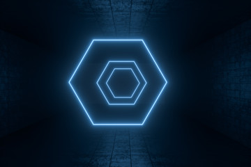 3d rendering, glowing magic lines in anbanoned room, dark background