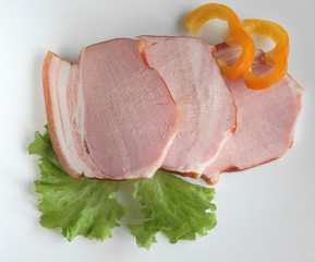 Ham with salad on white background