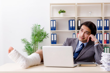 Leg injured employee working in the office