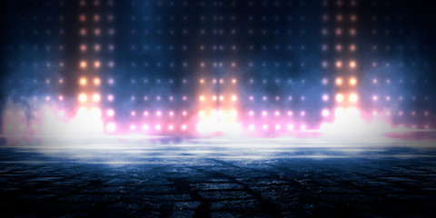 Dark empty scene, blue neon searchlight light, wet asphalt, smoke, night view, rays. 