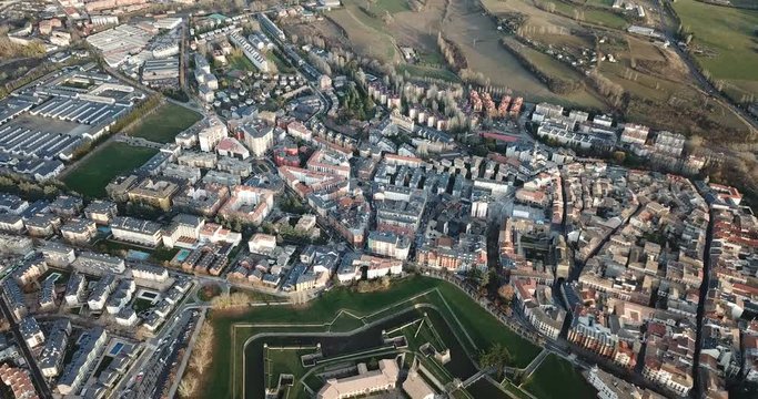 Aerial view of famous Citadel of Jaca on background of cityscape in sunny autumn day, Spain
