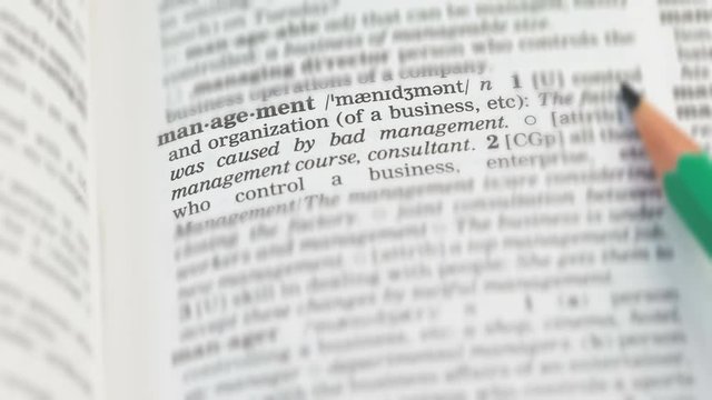 Management word on vocabulary page in english, business control and organization
