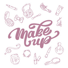 Lettering the word Makeup on a white background with elements of beauty and style