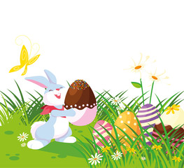 cute rabbit easter with eggs painted in the garden