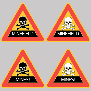 Danger mines.Triangle signs , set. Hazard to health and life, an information sign identifying a dangerous area.