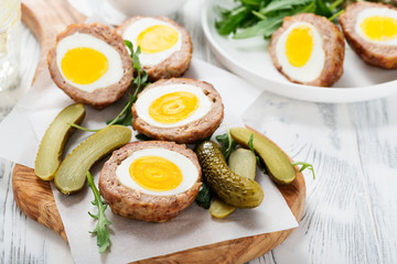 Meatballs with minced meat stuffed with boiled egg. 