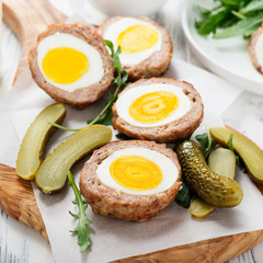 Meatballs with minced meat stuffed with boiled egg. 