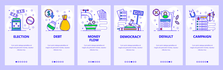 Mobile app onboarding screens. Democracy, liberal economy and election voting. Menu vector banner template for website and mobile development. Web site design flat illustration