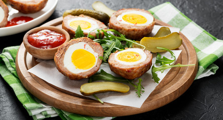 Meatballs with minced meat stuffed with boiled egg. 